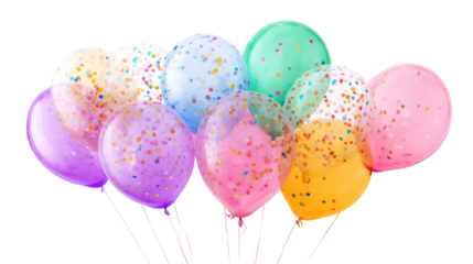 Eight party balloons with confetti details floating lightly in air on transparent background