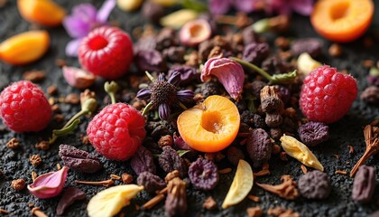 Close view of loose leaf herbal tea blend with raspberries, dried flower petals, and sliced apricot. Aromatic natural ingredients create healthy beverage base for wellness and relaxation.