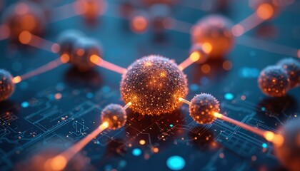 Abstract molecular network structure shows glowing nodes connected by light beams on digital circuit board. Futuristic tech concept for data science.