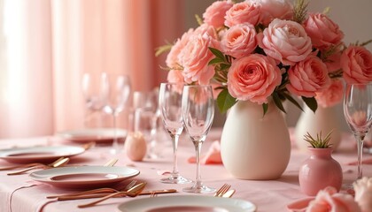 Elegant pink table setting with roses, wine glasses, and plates for a wedding or special event celebration. Floral decor on a festive dining table, ready for guests.