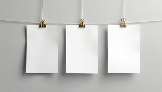 Three blank white papers attached with gold clips on string. Clean copy space on cards against grey wall. Simple mockup for design, art, or notes.