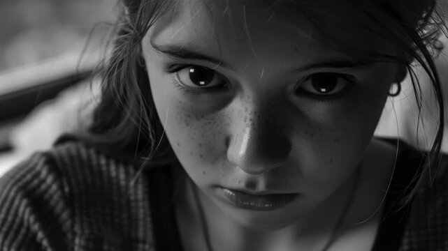 A young woman with freckles looking down thoughtfully. She is wearing a black top and has her hair pulled back. The background is blurred but appears to be an indoor setting.