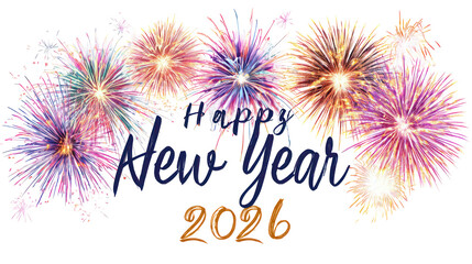 Elegant Happy New Year script with colorful fireworks burst elements, soft glowing highlights, festive spark trails, and a clean white background.
