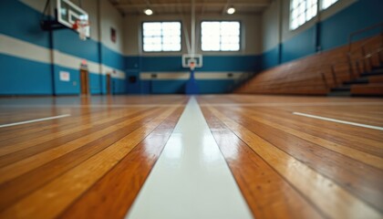Empty basketball court gym with wooden floor and bleachers. Low angle view shows shiny court lines and blue walls. Sunlight streams through large windows.