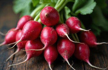 Red radishes with green tops pile up on a dark wooden surface. Bunch of fresh root vegetables with thin white roots looks healthy for cooking and eating.