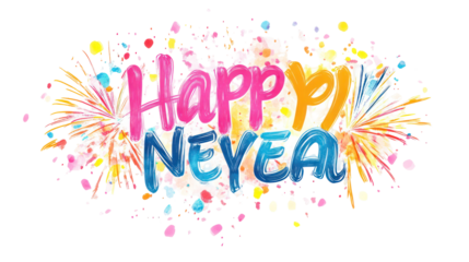 Elegant Happy New Year script with colorful fireworks burst elements, soft glowing highlights, festive spark trails, and a clean white background.