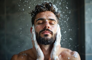 Bearded man washes face with shampoo in shower. He cleanses his beard and hair under water. Water splashes onto his body. Morning routine for men.