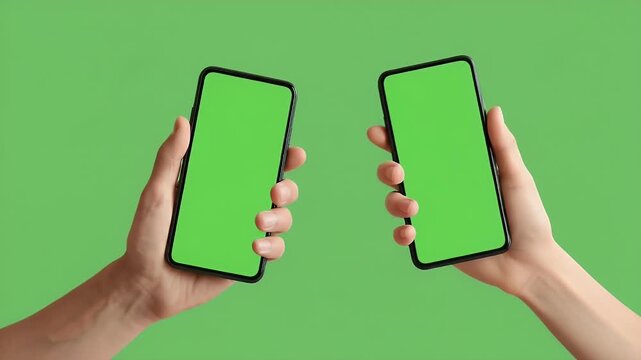 Two hands toasting smartphones with green screens for easy customization in a vibrant technology advertisement