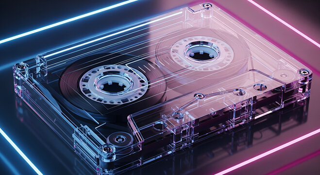 Retro audio cassette tape and vinyl record player equipment for vintage music technology storage