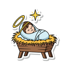 Baby Jesus in Manger with Halo and Star Sticker.