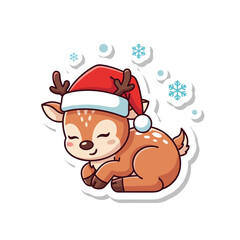 Cute Sleeping Baby Reindeer Wearing a Santa Hat with Snowflakes.