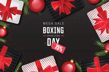 Modern Boxing Day Sale Banner with Red Gift Boxes on Blac