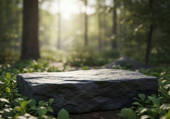Natural Stone Slab Podium in Sunlit Forest, Organic Wellness Product Display Backdrop: Environmental Showcase, Earthy Cosmetic Presentation, Tranquil Outdoor Setting.