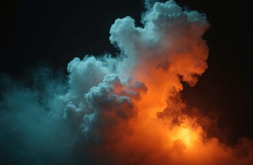 Abstract colourful smoke plumes with orange and blue contrast. Dark background highlights dynamic cloud shapes and light effects. Energetic abstract art for background.