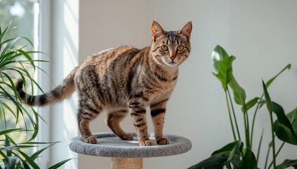 Curious tabby cat on a gray circular platform in greenery