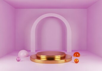 Bronze Podium in Pink Arch Niche with Geometric Spheres, Soft Feminine Product Display Stage: Cosmetic Skincare Showcase, Minimalist Aesthetic Presentation, Modern Interior Mockup.