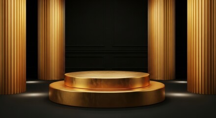 Luxurious Gold Podium with Tall Fluted Columns, Elegant Classical Product Presentation Stage: Exclusive High-End Showcase, Grand Ceremony Backdrop, Dark Minimalist Interior.