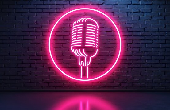 Neon microphone sign glows bright pink on dark brick wall. Retro mic graphic for music events, clubs, bars, and performance venues. Modern sign for karaoke or stage.