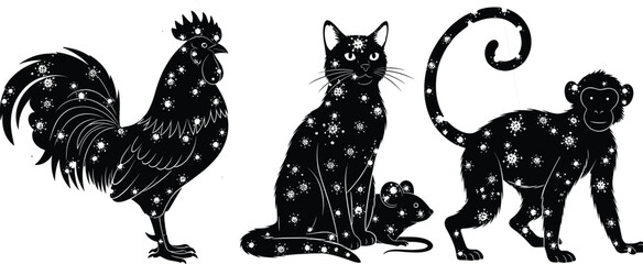 Rooster, cat, and monkey black silhouette vector illustration set, domestic and wild animals with star pattern texture, abstract coronavirus concept design element, Chinese zodiac symbols. © MstShahanaz