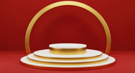 White and Gold Tiered Podium with Arch on Red Backdrop, Luxurious High-Contrast Product Display: Festive Holiday Showcase, Exclusive Event Presentation, Elegant Vertical Mockup.