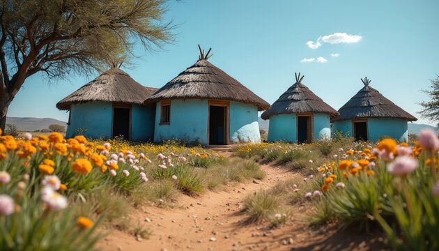 Traditional blue huts with thatched roofs sit in field of wildflowers under clear sky. Dirt path leads to rustic dwellings, surrounded by dry grass, distant hills. Scene shows peaceful rural village