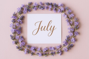 Floral July Announcement with Lavender Wreath on Pink Background, perfect for seasonal greetings and promotional material