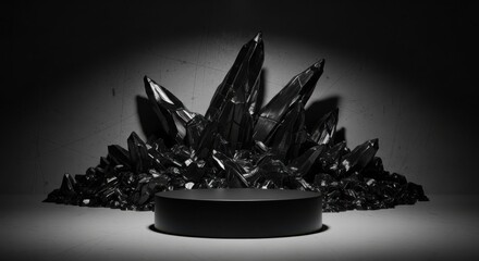 Dark Crystal Geode Stage Podium, Dramatic Mineral Product Display and Showcase Backdrop: Abstract Geometric Presentation, Intense Stone Environment, Fantasy Luxury.
