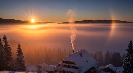 Sunlight illuminates a valley filled with thick fog above snow-covered evergreen trees and a house with chimney smoke at sunrise