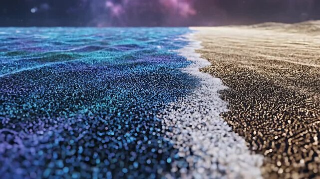 Surreal digital illustration of an alien planet beach with glowing blue bioluminescent water washing onto sandy shore under a starry cosmic nebula sky.