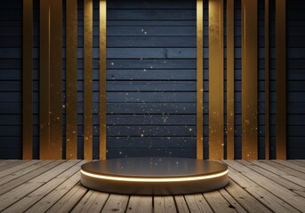 Dark Wood Podium with Gold Panels and Glitter Effects, Luxurious Rustic Stage Presentation: Exclusive Product Launch, Holiday Celebration Backdrop, Elegant Interior Display.