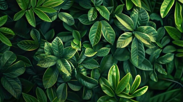 A detailed view of lush green foliage and vibrant leaves bathed in natural light