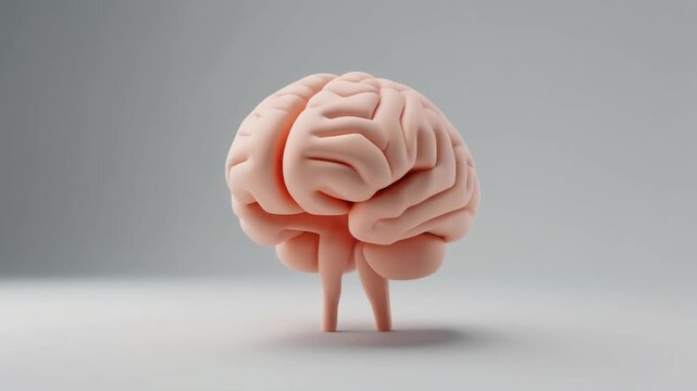 A realistic 3D rendering of a human brain with a smooth, light gray background.