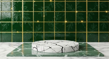 Cracked white marble podium on a green tile background with gold grout and leaf design: Luxurious bathroom or spa display.