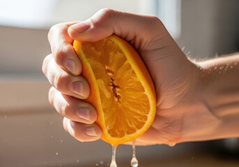 Hand squeezing orange to make fresh juice with droplets and pulp visible in bright, sunny light