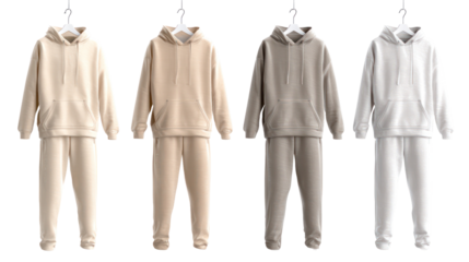 Four angled views of 3D rendered men’s tan beige hooded sweatshirt on transparent background