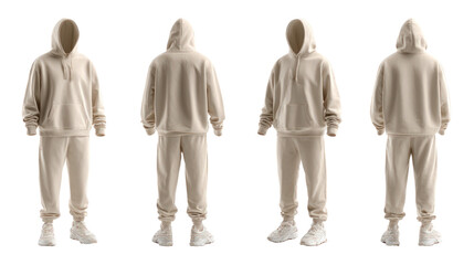 Four angled views of 3D rendered men&rsquo;s tan beige hooded sweatshirt on transparent background