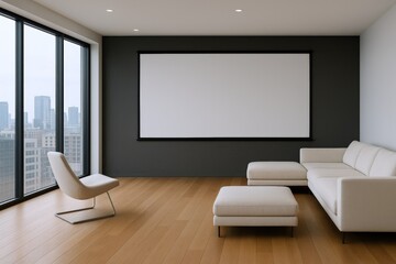 Modern Living Room Interior with White Sofa, Chair, and Blank Canvas for Art or Presentation