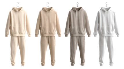 Four angled views of 3D rendered men’s tan beige hooded sweatshirt on transparent background