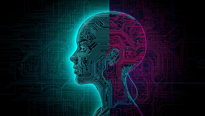 Cybernetic female side profile merged with neon teal pink circuits