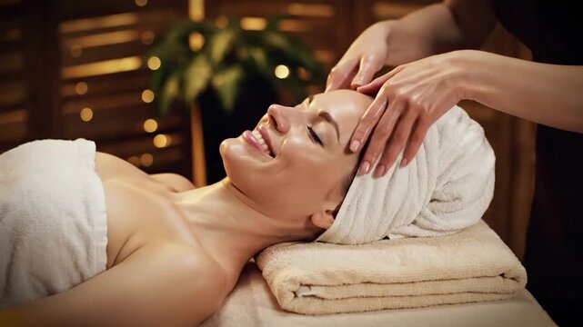 Woman enjoying relaxing spa facial massage treatment wellness therapy