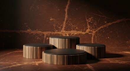 Tiered Wood Grain Podiums on Textured Brown Backdrop, Rustic Home Decor Product Display: Natural Organic Cosmetic Showcase, Minimalist Interior Presentation, Warm Aesthetic.