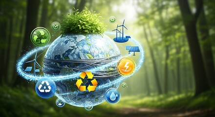 Globe with lush green foliage and eco-friendly icons (recycling, solar, wind energy) floating in a vibrant forest, representing sustainability.
