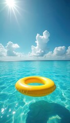 Obraz premium Yellow inflatable ring floats on clear blue ocean water surface under bright sun and white clouds. The accessory awaits fun summer swim or beach day at sea.