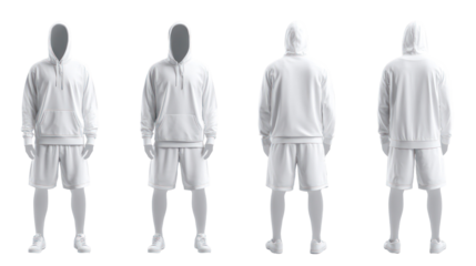 Four angled views of 3D rendered men’s white lightweight trainers on transparent background