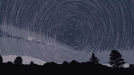 Starry night trails above a mountain range with scattered clouds background