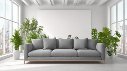 Fototapeta premium Modern Living Room with Grey Sofa, Green Plants, White Walls, and Large Windows in Contemporary Home