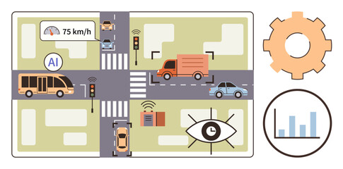 AI analyzing vehicle speeds, traffic signals, and road activity. Ideal for technology, transportation, AI systems, mobility, data visualization, automation safety simple flat metaphor