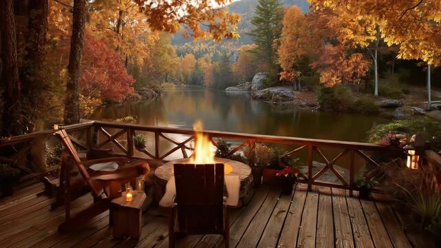 Tranquil autumn scene featuring a cozy lakeside deck with wooden chairs and a fire pit, surrounded by vibrant fall foliage and serene water reflecting the colorful landscape