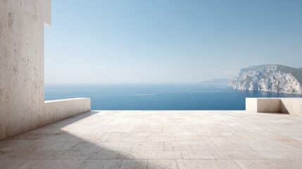 Obraz premium Luxury Seaside Villa Terrace with Ocean View, Sunny Day, Ideal for Travel and Real Estate Marketing