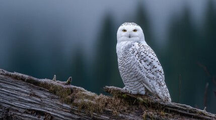 Fototapeta premium Snowy Owl Perched on Log, Majestic Bird of Prey in Natural Habitat